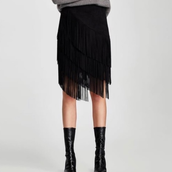 Zara Faux Suede Asymmetrical Fringe Skirt - Picture 6 of 9